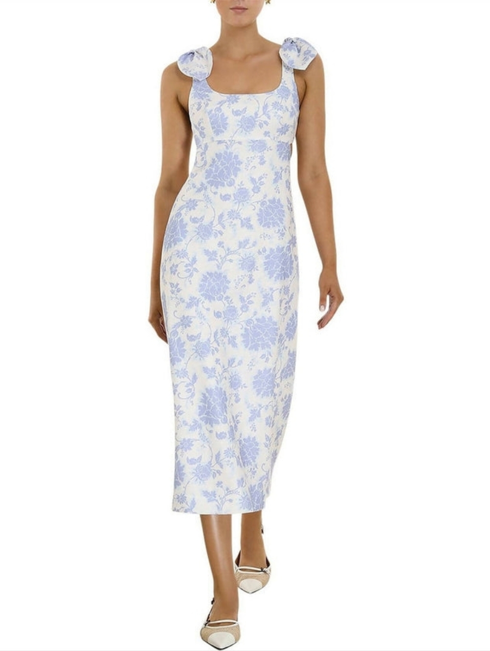 Floral Postcard Tie-Shoulder Midi Dress in Light Blue and Cream